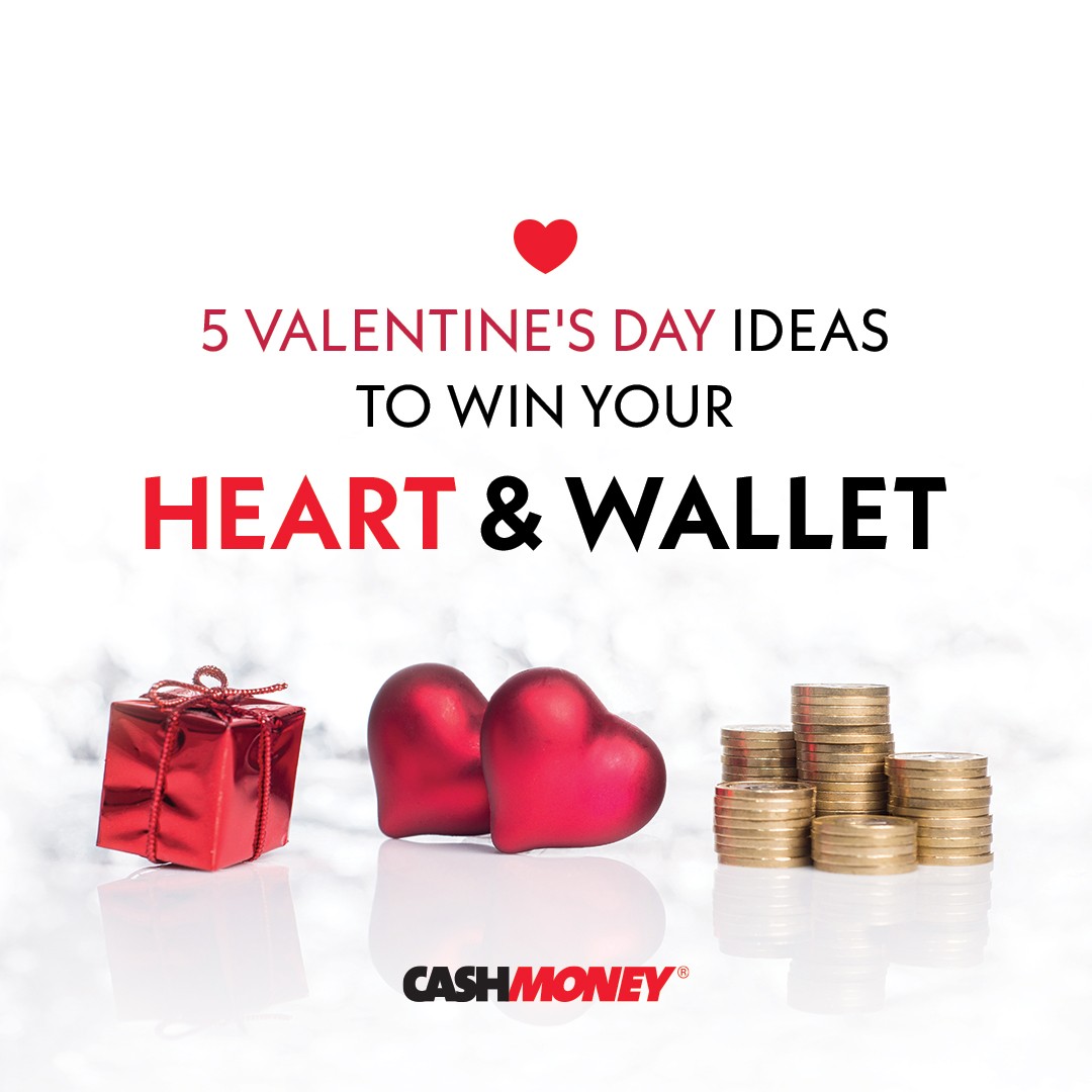 The title 5 Valentine’s Day Ideas to Win Your Heart & Wallet with a red gift box, two red hearts, and gold-colored coins.